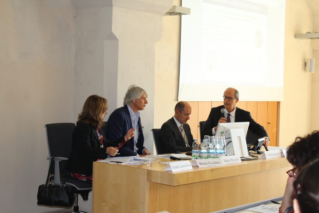 From the left: Vanda Lanzafame (MIUR), Bruno Giordano (Confidustria Verona), Santo Romano (Region of Veneto), Nicola Sartord (University of Verona). First INVITE conference (Verona, 16/11/2018)