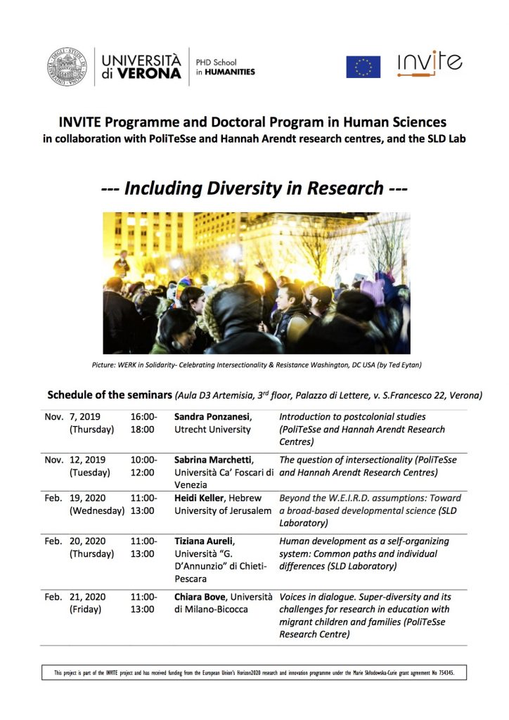 A series of seminars titled "Including Diversity in Research" will take place fromNovembre 2019 and February 2020